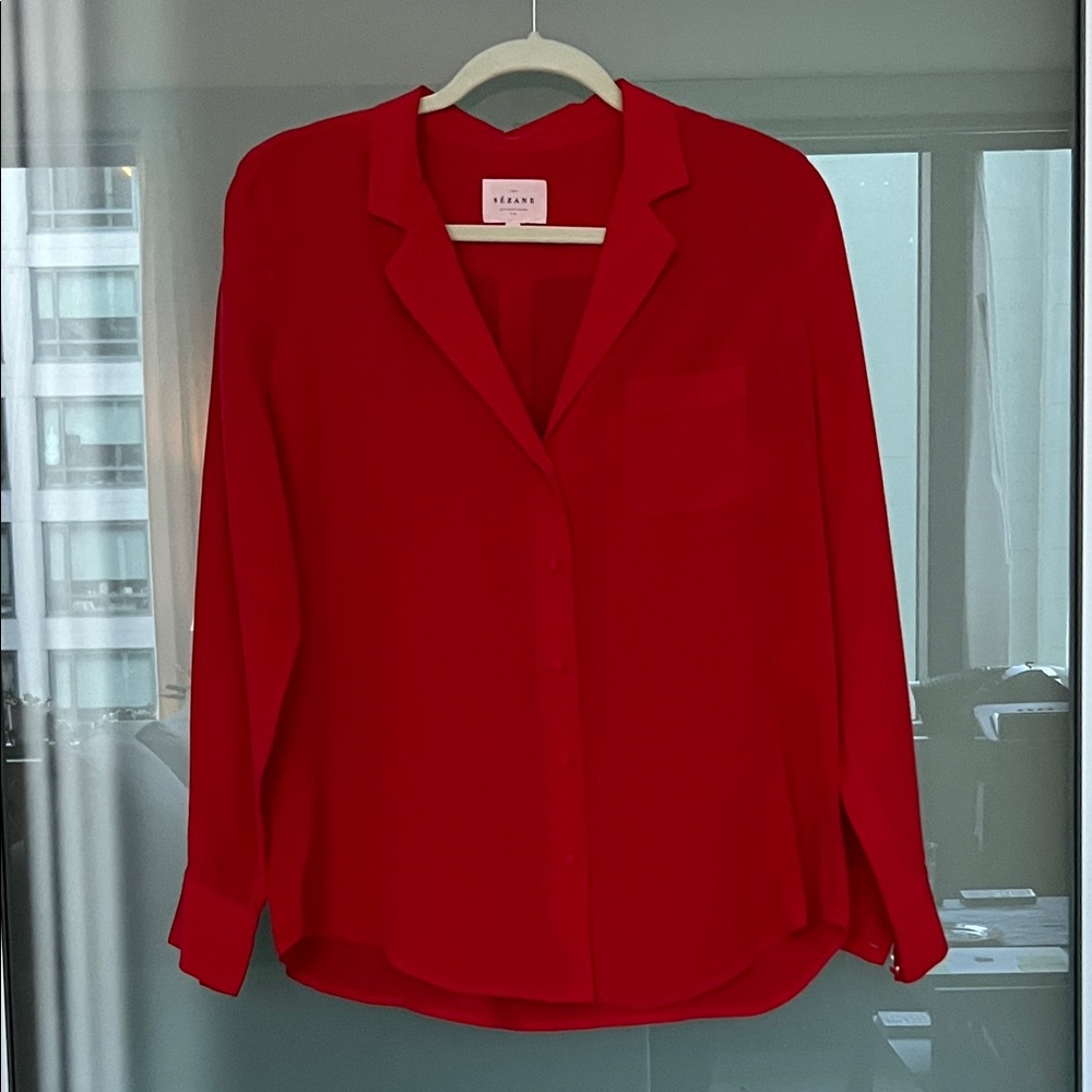 Sezane Red Silk Button Down Shirt